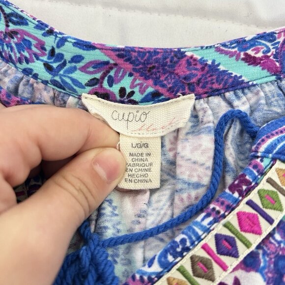 Cupio Womens Large Blue Purple Paisley 3/4 Sleeve Tie Blouse Top Casual - Picture 3 of 8